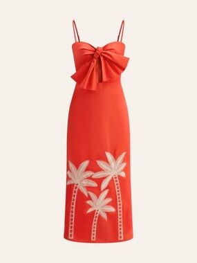 Commense Red Bow-Front Palm Embroidered Midi Dress